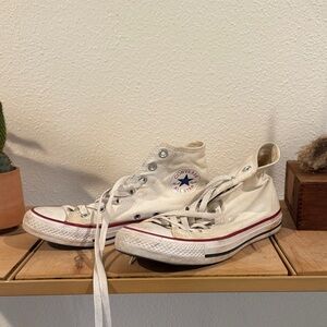 Converse Cream High-Tops with Red and Blue Accents